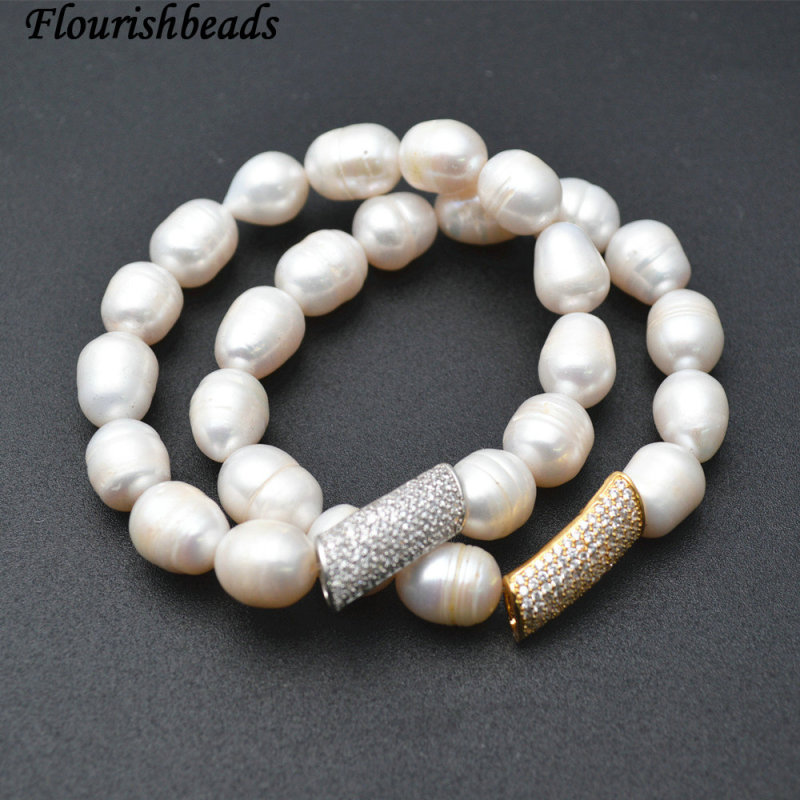 CZ Beads Micropave Setting Metal Tube Charm White Pearl Beasds Stretch Bracelets Fashion Jewelry