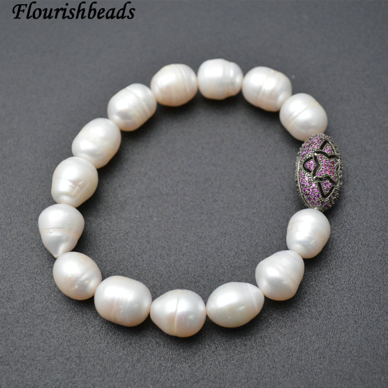 Natural White Pearl Beasds Multi Color CZ Beads Micropave Setting Metal Oval Charm Stretch Bracelets Fashion Jewelry
