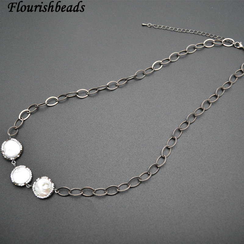 Natural White Pearl Coin Beads Linked Chains Necklace Fashion Jewelry