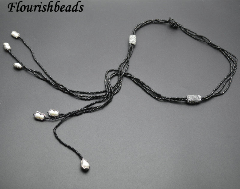 Faceted Black Glass and White Pearl Beads Multi Rows Long Chains Necklace Fashion Jewelry