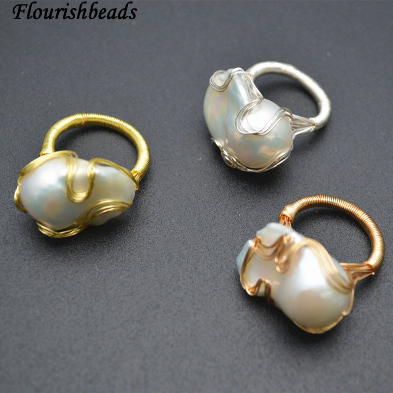 Handmade Natural White Pearl Big Baroque Wire Wrapped Rings Fashion Jewelry