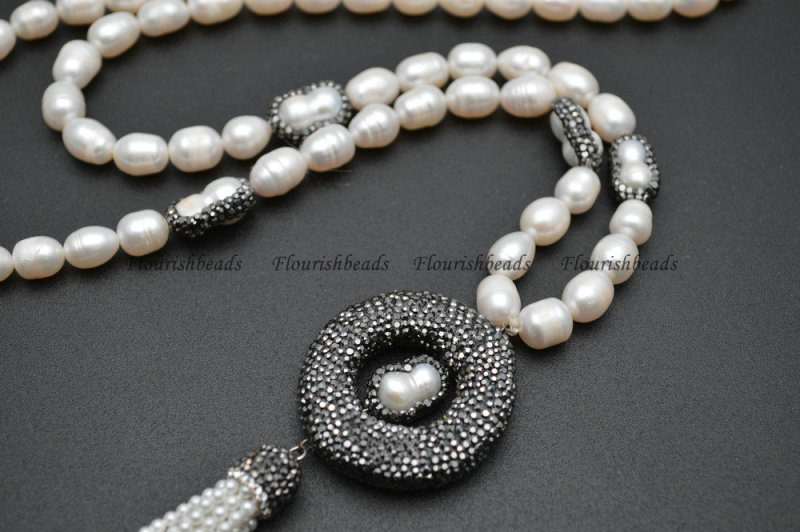 Natral White Fresh Water  Pearl Beads Tassel Pendant Ling Beaded Chains Necklace Jewelry