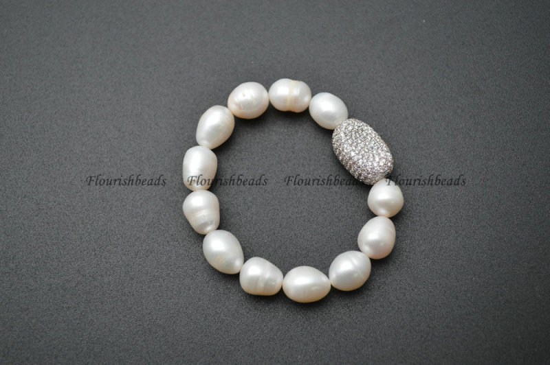 Natural White Pearl Beasds CZ Beads Micropave Setting Metal Oval Charm Stretch Bracelets Fashion Jewelry