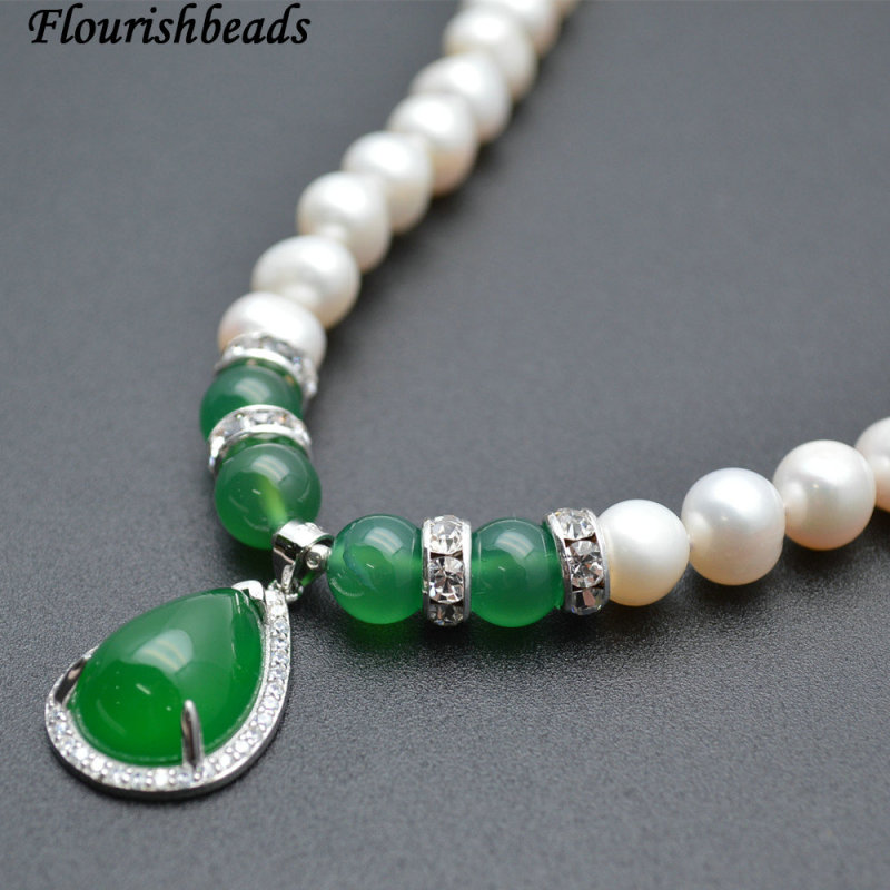 High Quality Natural White Pearl Potato Beads 925 Silver Clasps Green Chalcedony Stone Drop Pendant Necklace