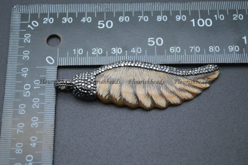 Natural Brown Color OX Bone Wing Shape Pendant Paved Black Crystal Beads