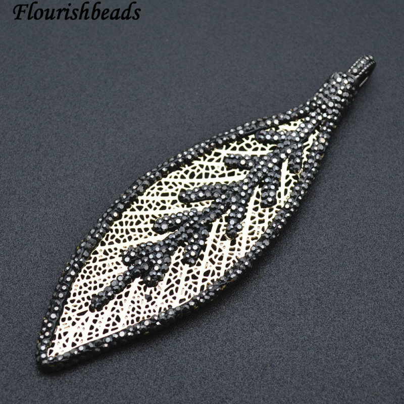 Big size Black Crystal Beads Paved Metal Leaf Shape Pendant