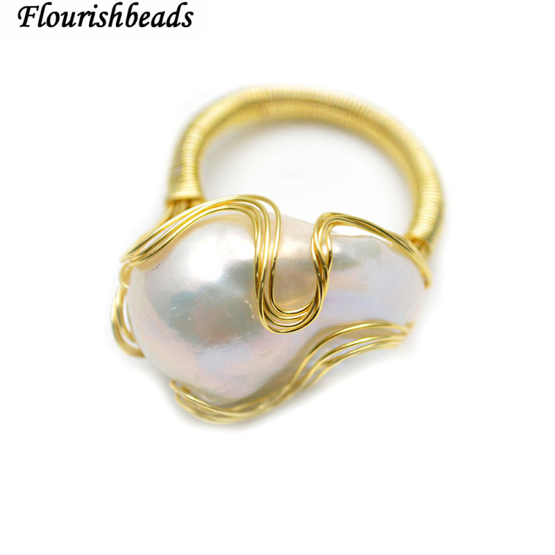 Handmade Natural White Pearl Big Baroque Wire Wrapped Rings Fashion Jewelry