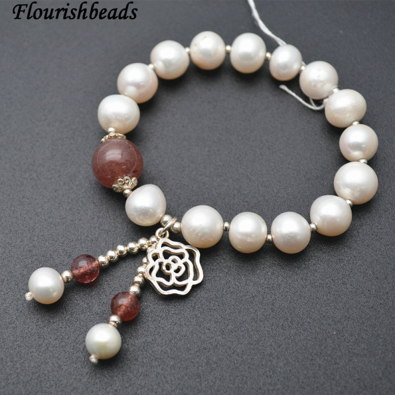 Natural White Pearl Beads 925 Silver Rose Flower Charm Bracelet Fashion Woman Jewelry