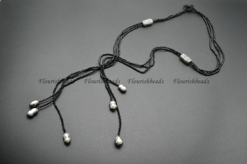 Faceted Black Glass and White Pearl Beads Multi Rows Long Chains Necklace Fashion Jewelry