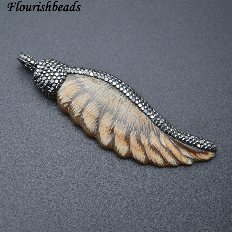 Natural Brown Color OX Bone Wing Shape Pendant Paved Black Crystal Beads