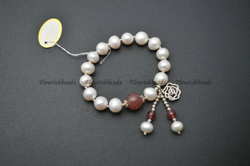 Natural White Pearl Beads 925 Silver Rose Flower Charm Bracelet Fashion Woman Jewelry