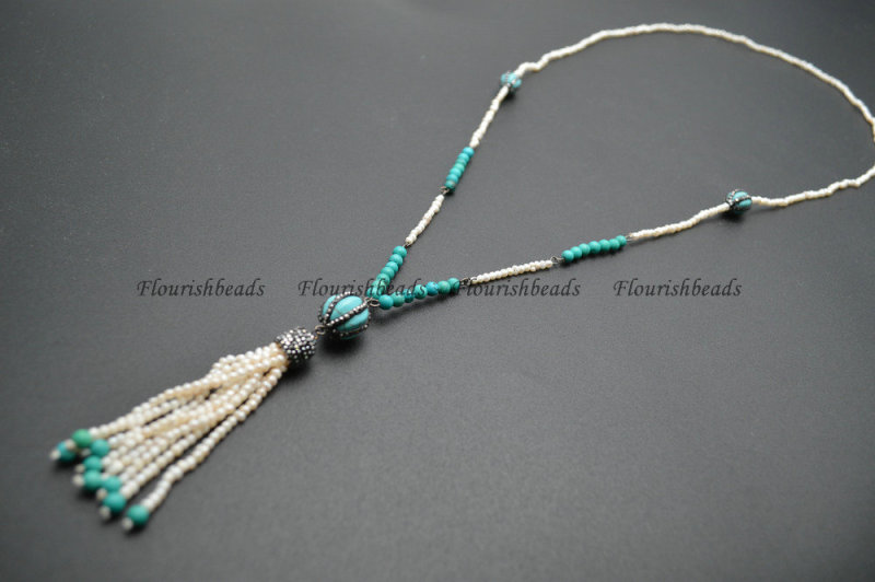 Natral White Pearl and Turquoise Seed Beads Long beaded Chains Tassel Pendant Necklace Jewelry