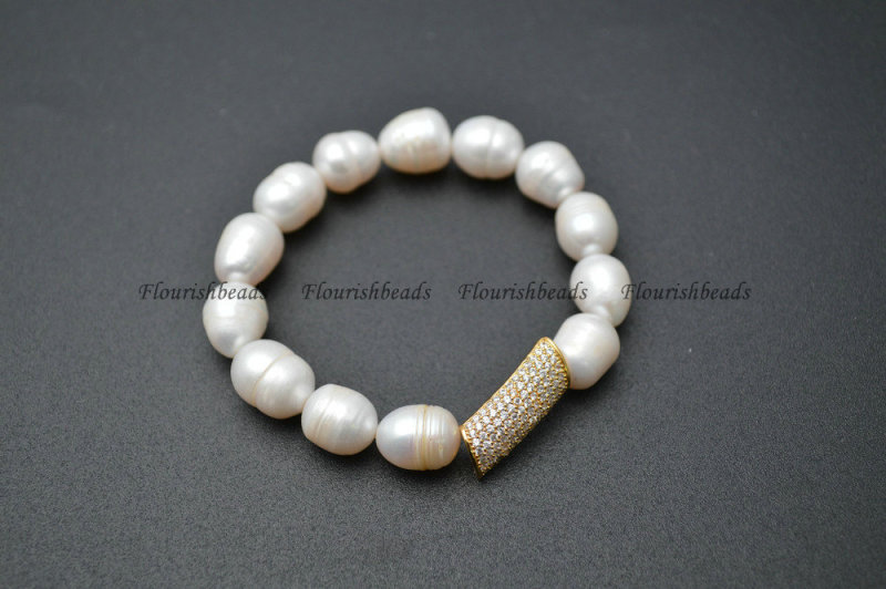 CZ Beads Micropave Setting Metal Tube Charm White Pearl Beasds Stretch Bracelets Fashion Jewelry