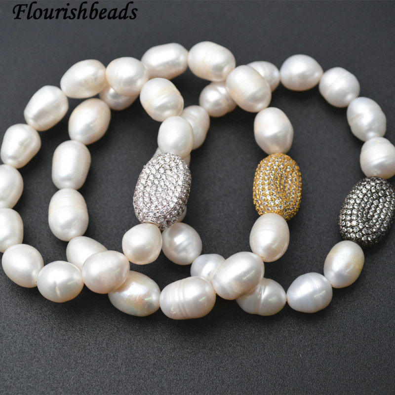 Natural White Pearl Beasds CZ Beads Micropave Setting Metal Oval Charm Stretch Bracelets Fashion Jewelry