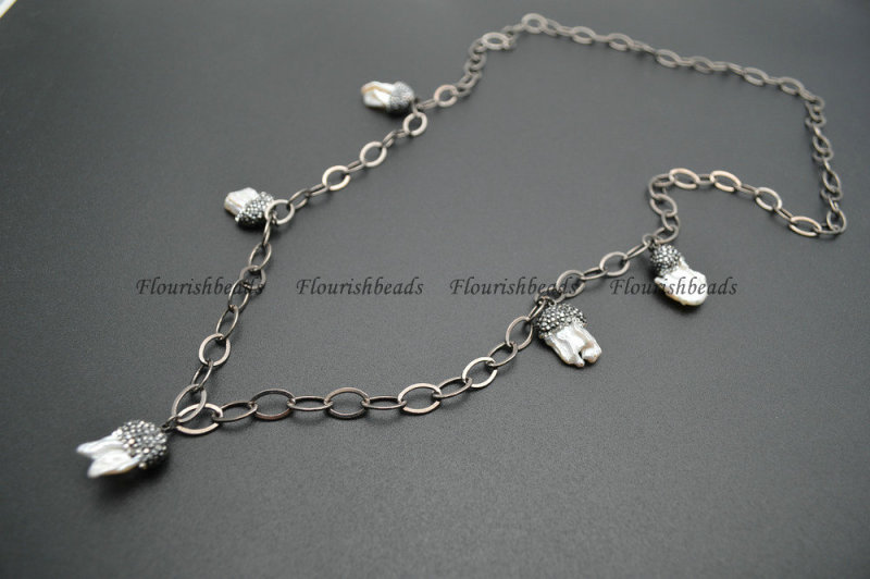 Gun Metal Color Linked Chains Natural White Pearl Beads Necklace Fashion Jewelry