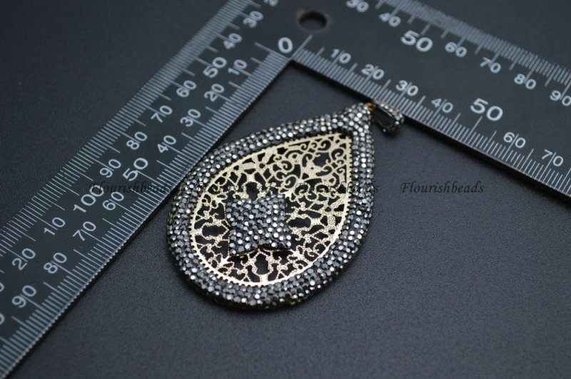 Big size Hollow out Metal Pear Shape Pendant Paved Black Crystal Beads