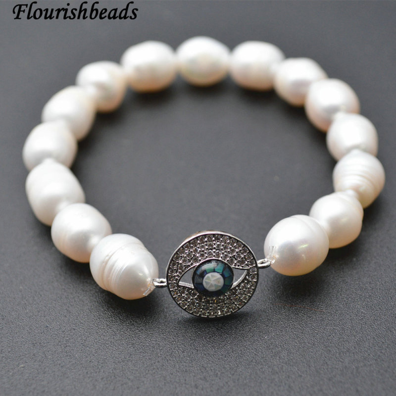 CZ Beads Micropave Setting Metal Eye Round Charm White Pearl Beasds Stretch Bracelets Fashion Jewelry