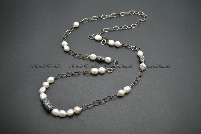 Natral White Pearl Beads Big Long Linked Chains Necklace Jewelry