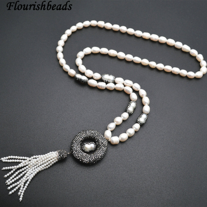 Natral White Fresh Water  Pearl Beads Tassel Pendant Ling Beaded Chains Necklace Jewelry