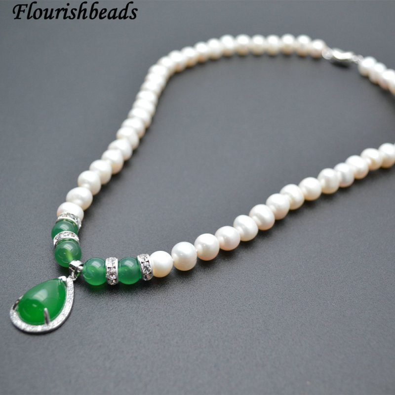 High Quality Natural White Pearl Potato Beads 925 Silver Clasps Green Chalcedony Stone Drop Pendant Necklace