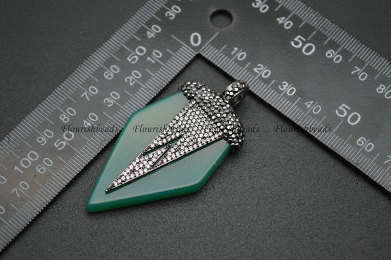 Natural Green Chalcedony Agate Stone Square Arrow Shape Pendant Paved Black Crystal Beads