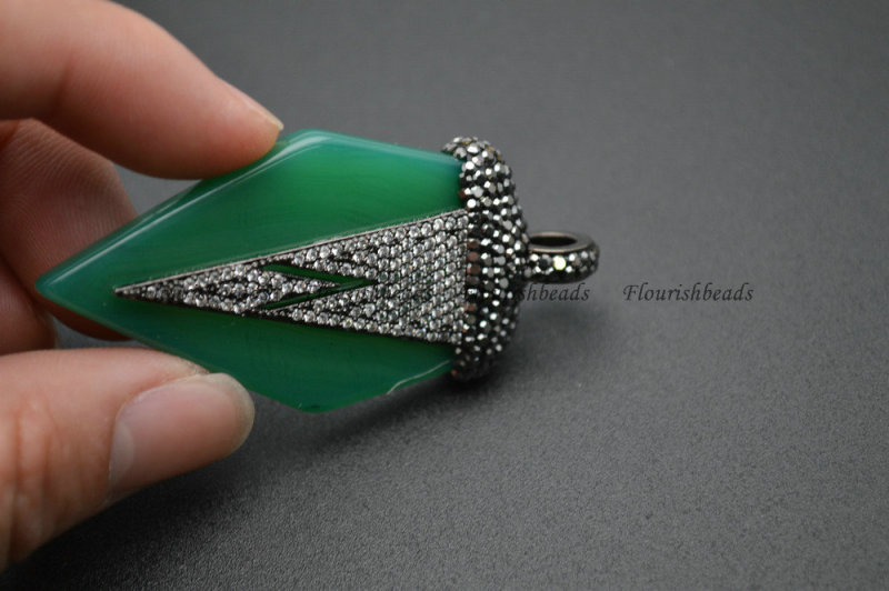 Natural Green Chalcedony Agate Stone Square Arrow Shape Pendant Paved Black Crystal Beads