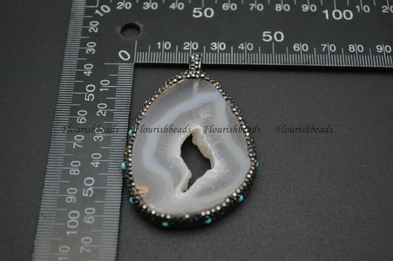Unique White Drusy Geode Agate Slice Pendant Paved Black Crystal Beads