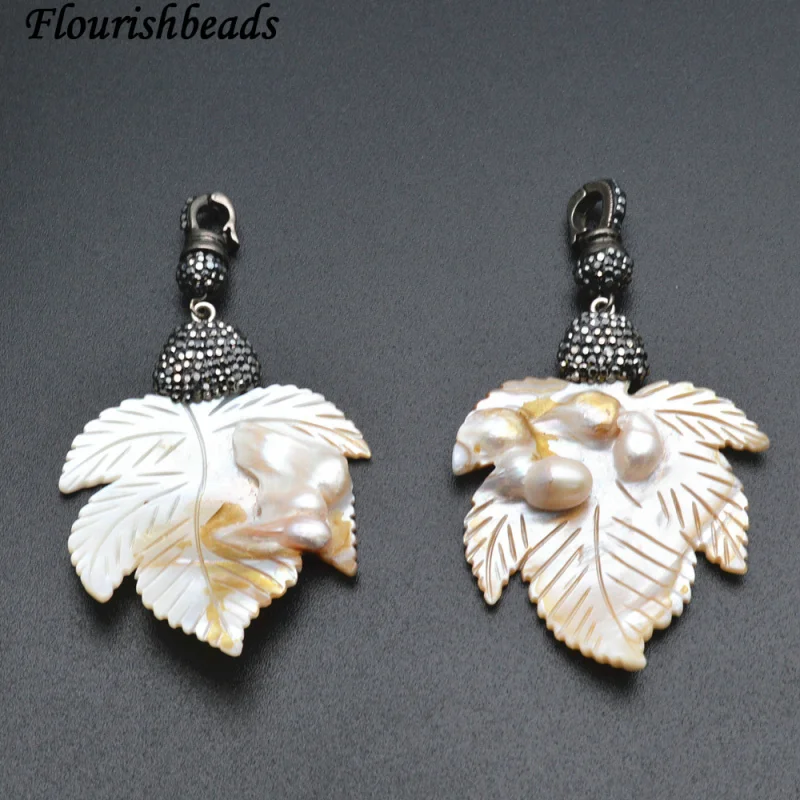 Natural MOP Mother of Shell Maple Leaf Pendant Paved Black Crystal Beads Setting Jewelry
