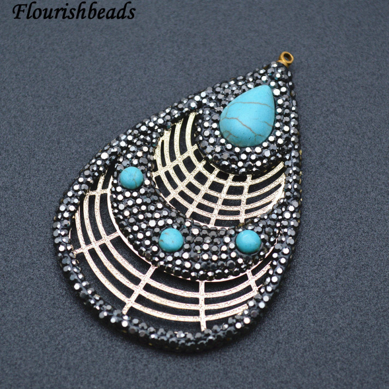 Hollow out Gold color Metal Pear Shape Pendant Paved Blue Howlite Cabochons