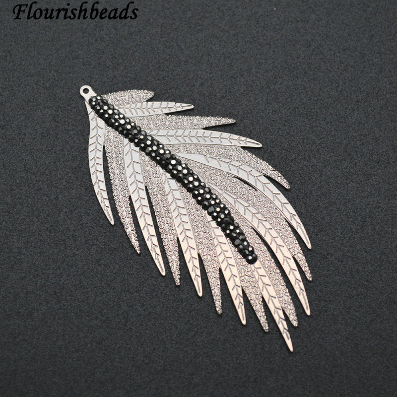 Gold Color Metal Copper Feather Shape Pendant Paved Black Crytal Beads Jewelry