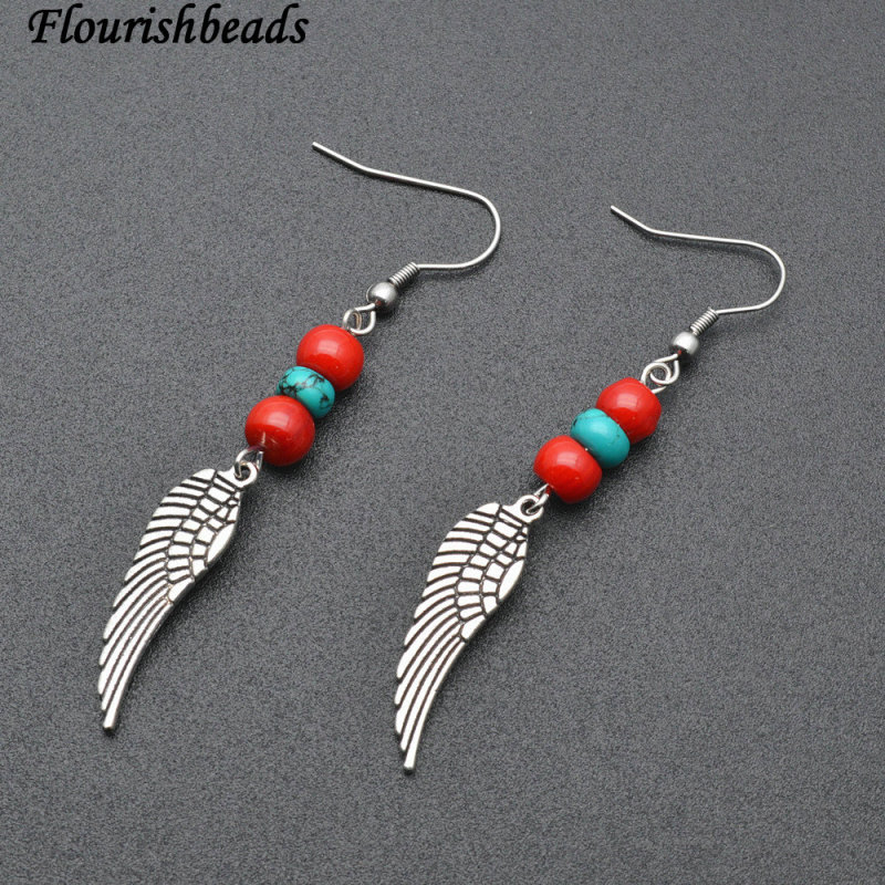 Double Angel Wings Turquoise and Red Coral Beads Stone Dangel Earrings Jewelry