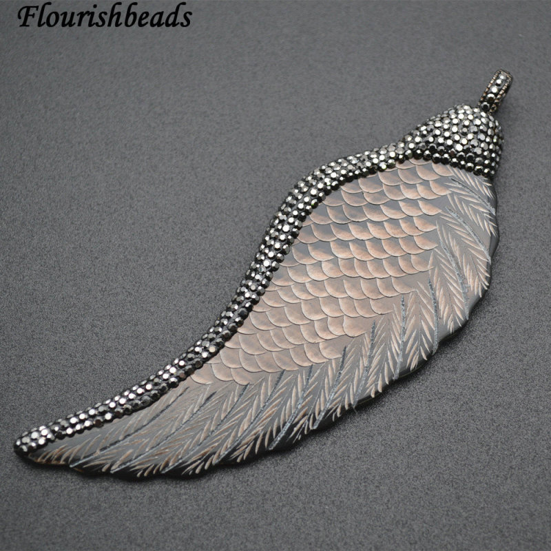 Black Crystal Beads Paved Big Size Angel Wing Feather Shape Resin Pendant
