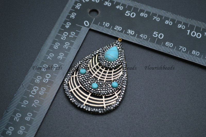 Hollow out Gold color Metal Pear Shape Pendant Paved Blue Howlite Cabochons