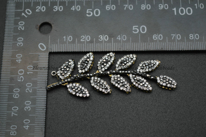 Paved Black Crystal Beads Metal Leaf Pendant