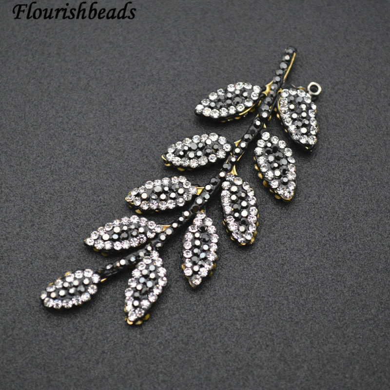 Paved Black Crystal Beads Metal Leaf Pendant