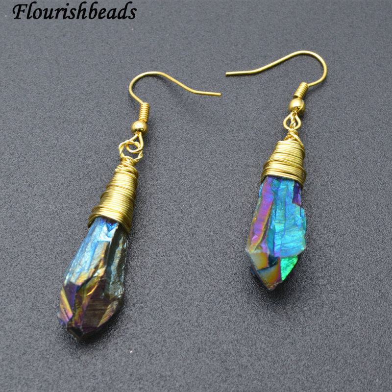 Wire Wrapped Titanium Electroplating Natural Crystal Point Stone Dangle Earrings