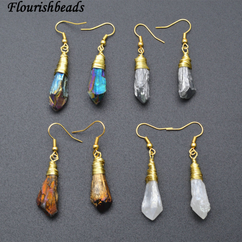 Wire Wrapped Titanium Electroplating Natural Crystal Point Stone Dangle Earrings