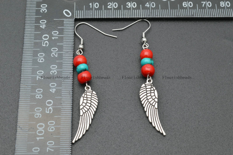 Double Angel Wings Turquoise and Red Coral Beads Stone Dangel Earrings Jewelry