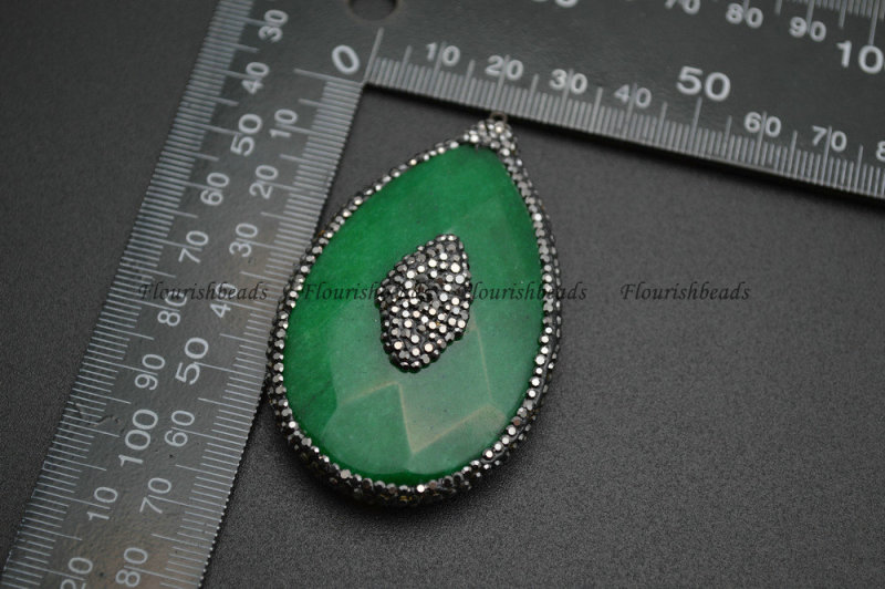 Surface cutting Green Jade Pear Shape Stone Pendant Paved Black Crystal Beads DIY Jewelry