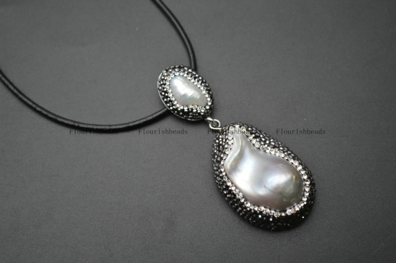 Natural White Pearl Baroque Double Layer Pendant Leather Cord Chains Necklace Fashion Jewelry