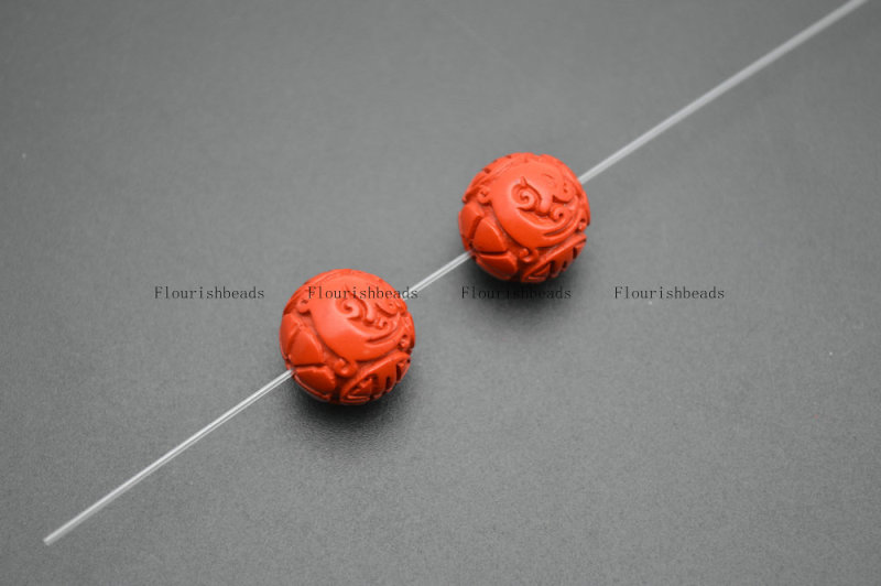 14mm Natural Red Cinnabar Carved Antique Chinese Dragon Ball Stone Round Loose Beads
