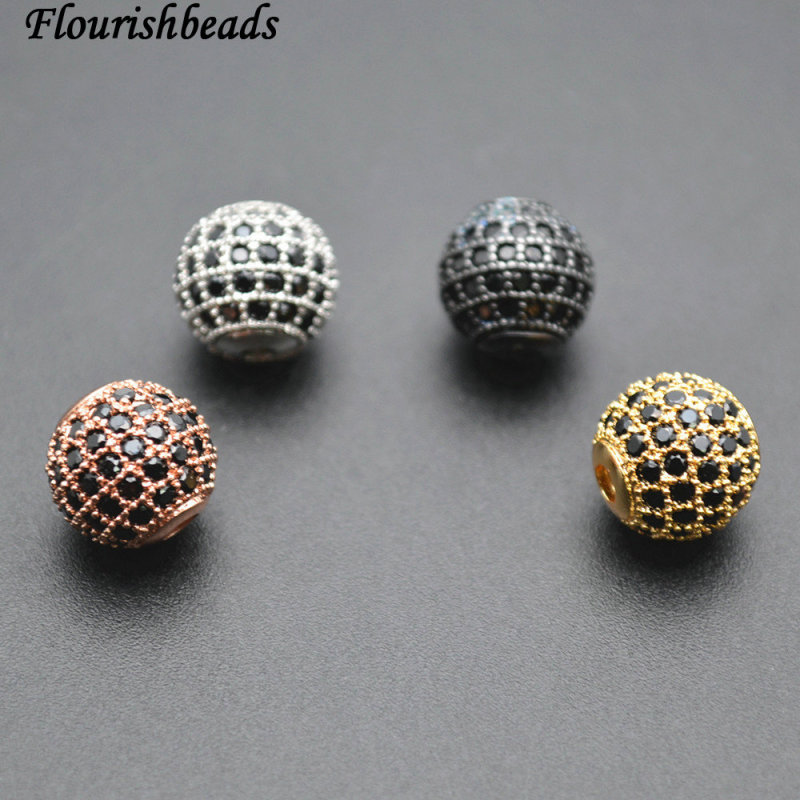 Paved Black CZ Metal Brass Round Loose Beads 6mm 8mm 10mm Jewelry Findings