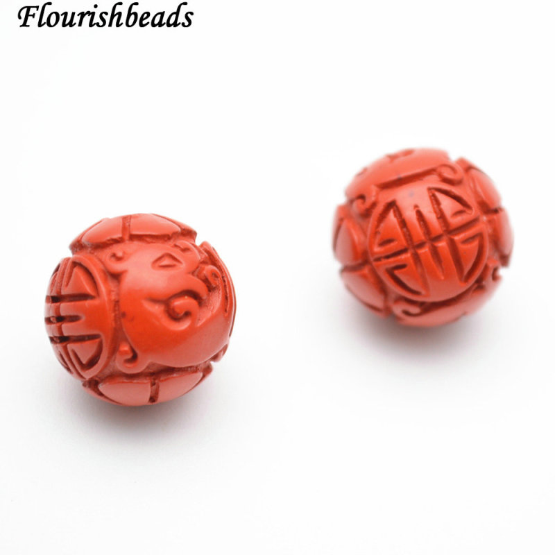 14mm Natural Red Cinnabar Carved Antique Chinese Dragon Ball Stone Round Loose Beads