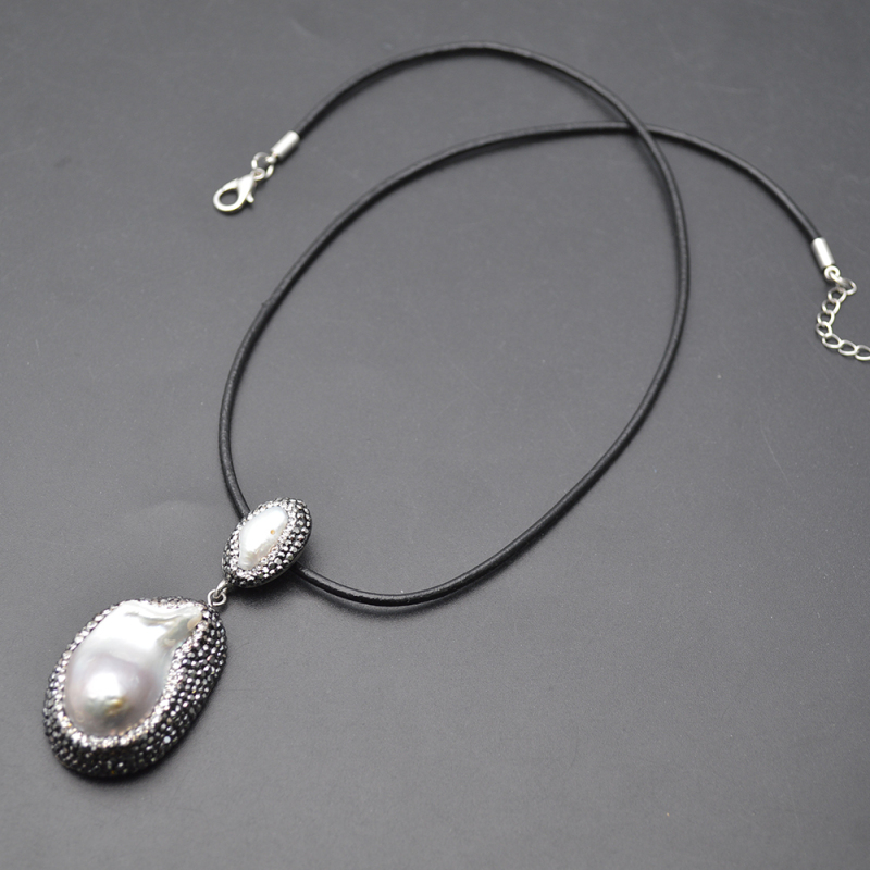 Natural White Pearl Baroque Double Layer Pendant Leather Cord Chains Necklace Fashion Jewelry