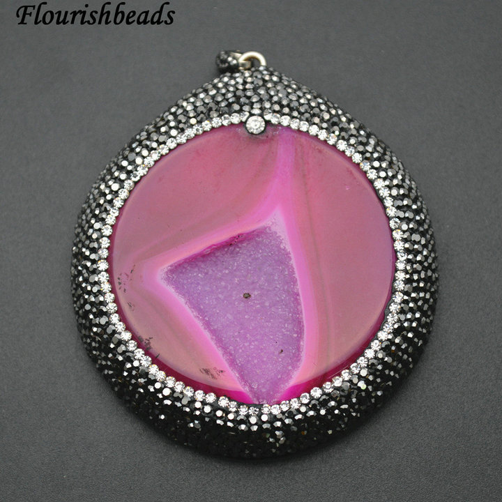 Hot Pink Druzy Agate Round Shape Pendant Paved Crystal Beads Jewelry