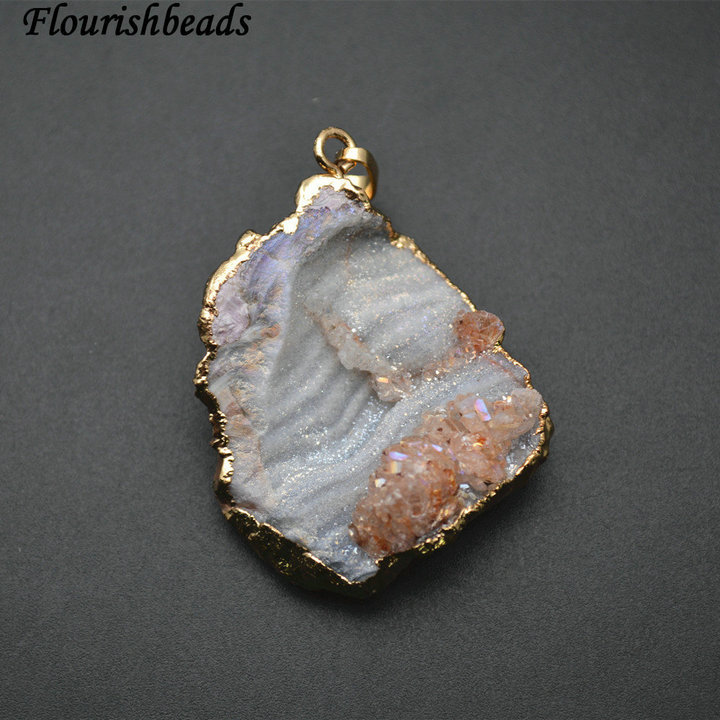 Gold Plating Gray Rough Agate Stone Pendant Jewelry