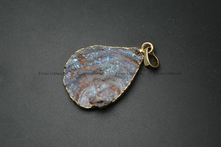 Gold Plating Gray Rough Agate Stone Pendant Jewelry