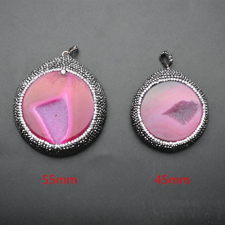 Hot Pink Druzy Agate Round Shape Pendant Paved Crystal Beads Jewelry