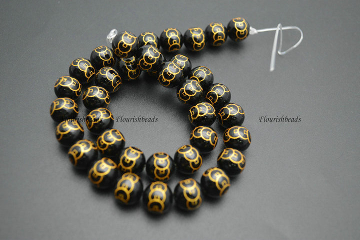 Gold color Money Coin Veins Black Agate Stone Round Loose Beads