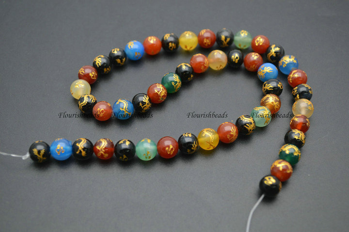 Multi Color 8mm Faceted Carved Gold Dragon Veins Agate Stone Round Loose Beads